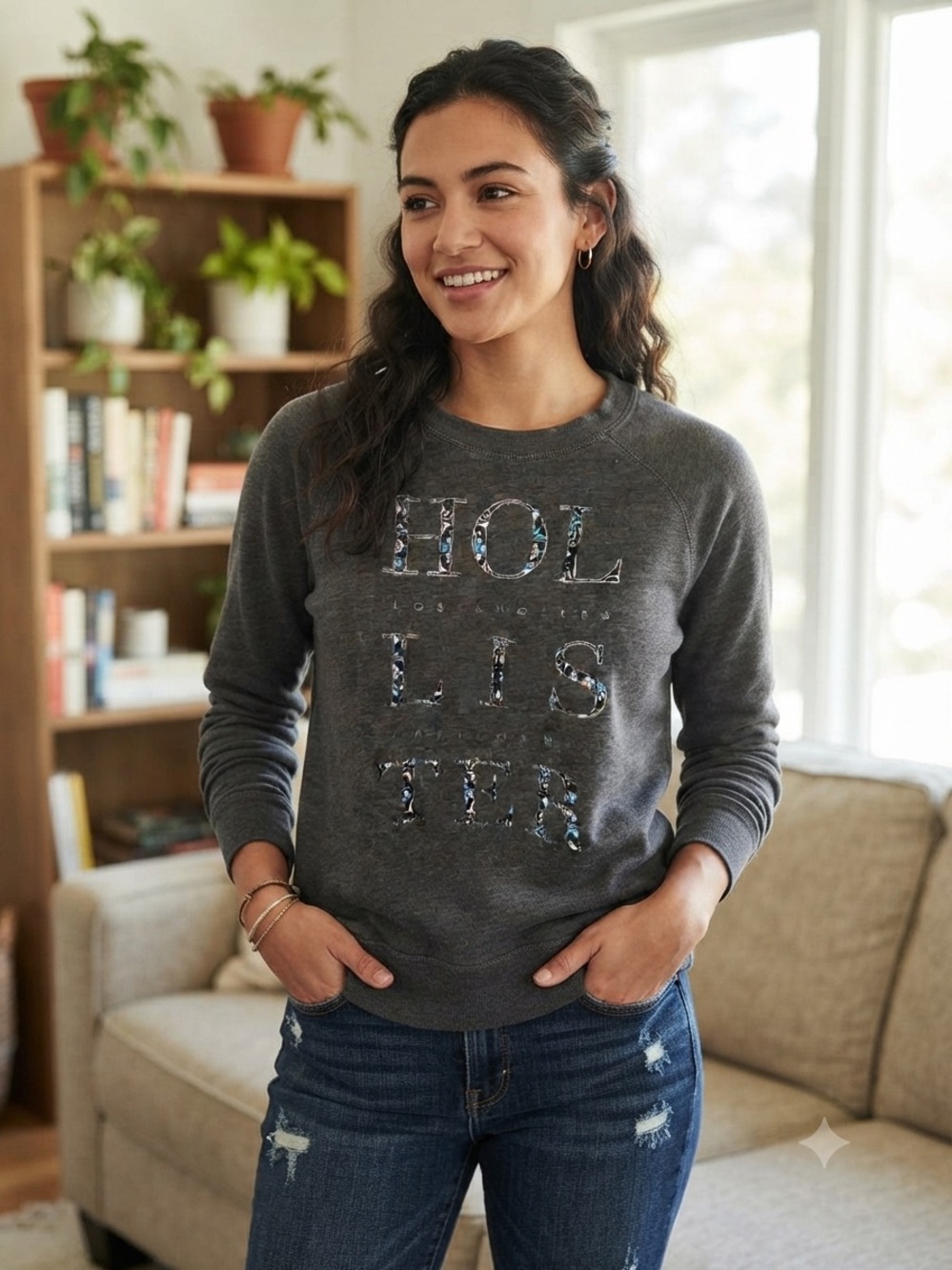 Hollister Charcoal Floral Logo Crewneck Sweatshirt